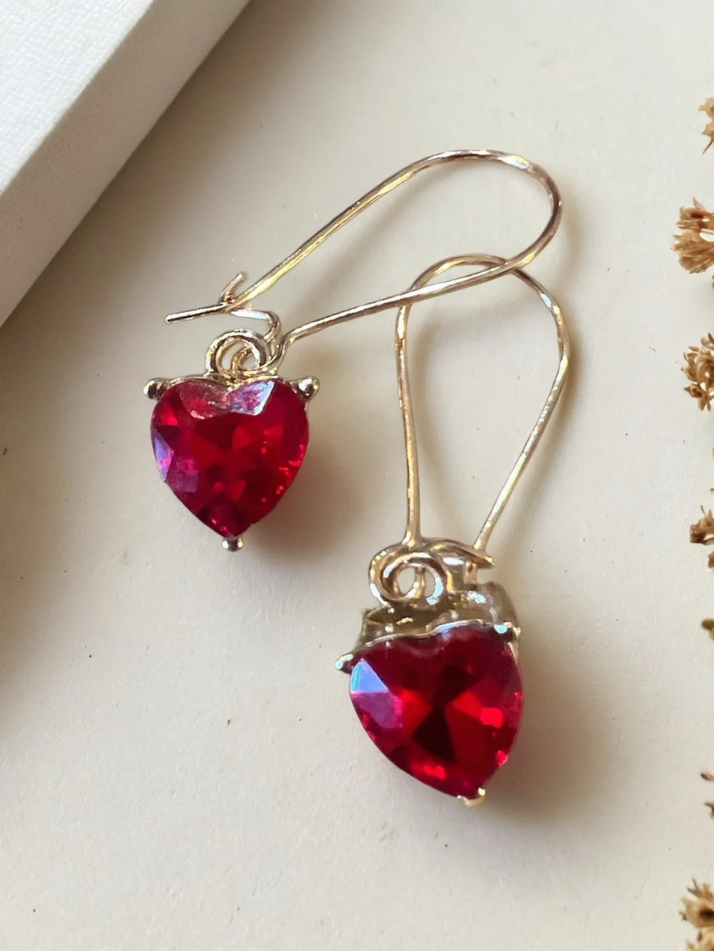 Gold Hook Earrings with Glass Faceted Red Hearts
